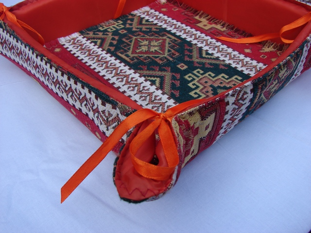 Fabric Bread Basket with Cover Armenian Carpet Ornament, Folding Storage Box