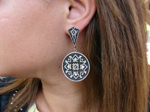 Silver Round Earrings Large, Ethnic Carpet Ornament