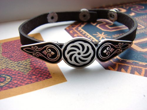 Leather Silver Bracelet for Men and Women, Wheel of Eternity