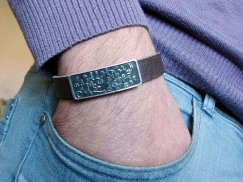Leather Sterling Silver Bracelet for Men and Women, Armenian Alphabet bar