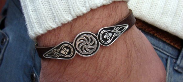 Leather Silver Bracelet for Men and Women, Wheel of Eternity