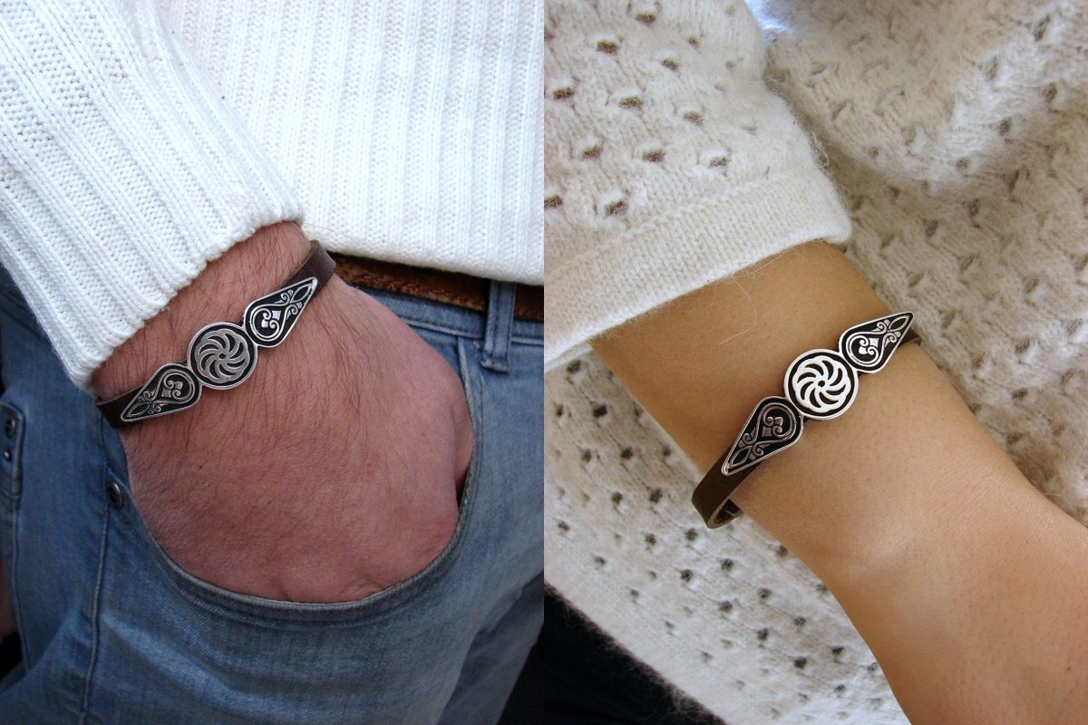Leather Silver Bracelet for Men and Women, Wheel of Eternity