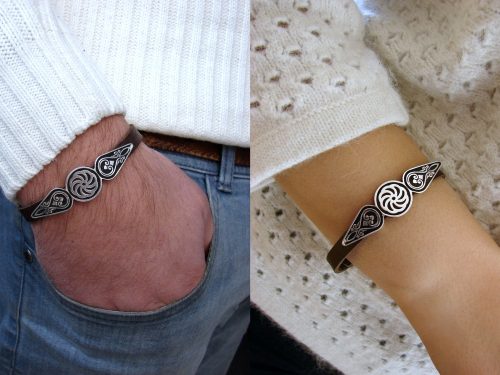 Leather Silver Bracelet for Men and Women, Wheel of Eternity