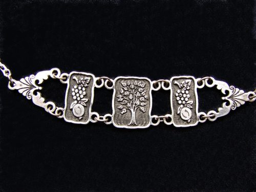 Wide Linked Bracelet Sterling Silver 925, Tree of Life, Pomegranate, Grape