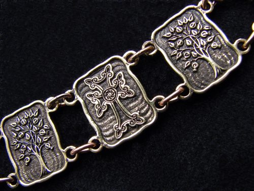 Wide Linked Bracelet Sterling Silver 925, Tree of Life, Cross