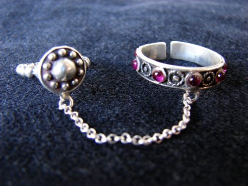 Double chain linked Rings 925 Sterling Silver Antique Style, Adjustable multi-finger rings