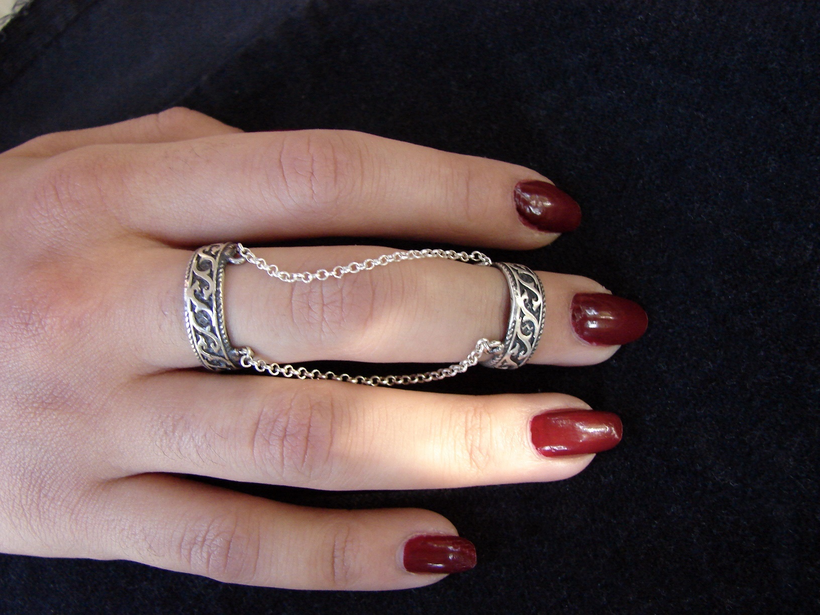 Chain Linked Double Ring 925 Sterling Silver, Adjustable Multi-finger Rings