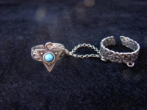 Double Ring Triangle chain linked 925 Sterling Silver Antique Style, multi-finger rings