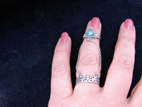 Double Ring Triangle chain linked 925 Sterling Silver Antique Style, multi-finger rings