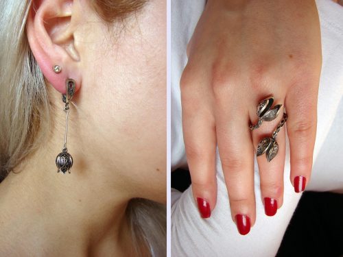 Set of Silver earrings and Ring Tulip