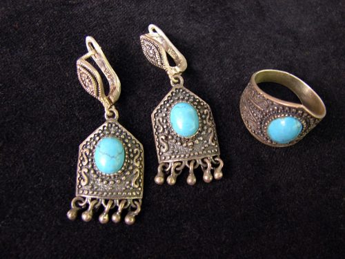 Jewelry Set Turquoise Earrings and Ring Sterling Silver 925
