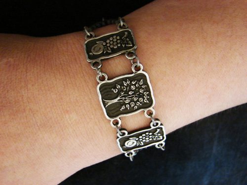 Wide Linked Bracelet Sterling Silver 925, Tree of Life, Pomegranate, Grape