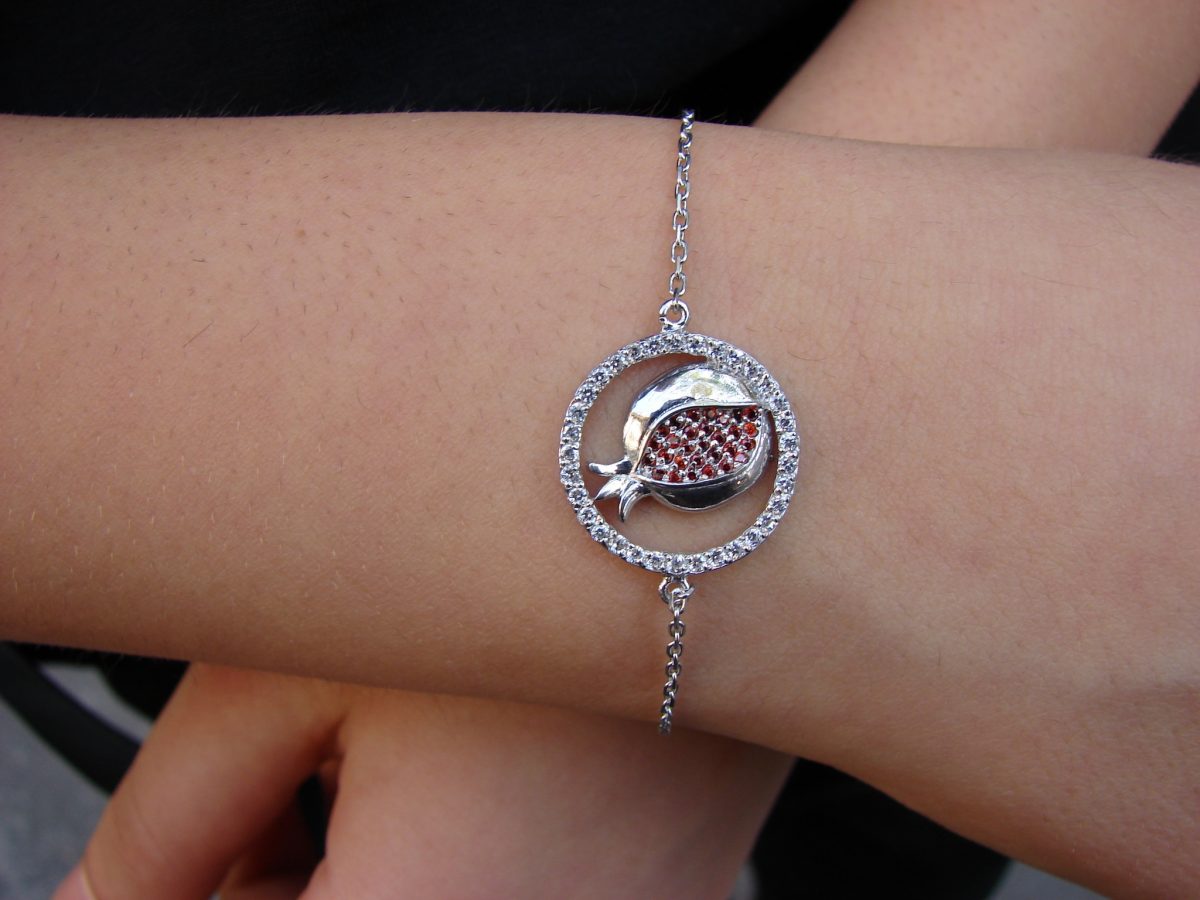 Pomegranate Charm Bracelet 925 Sterling Silver with White and Red Zircon