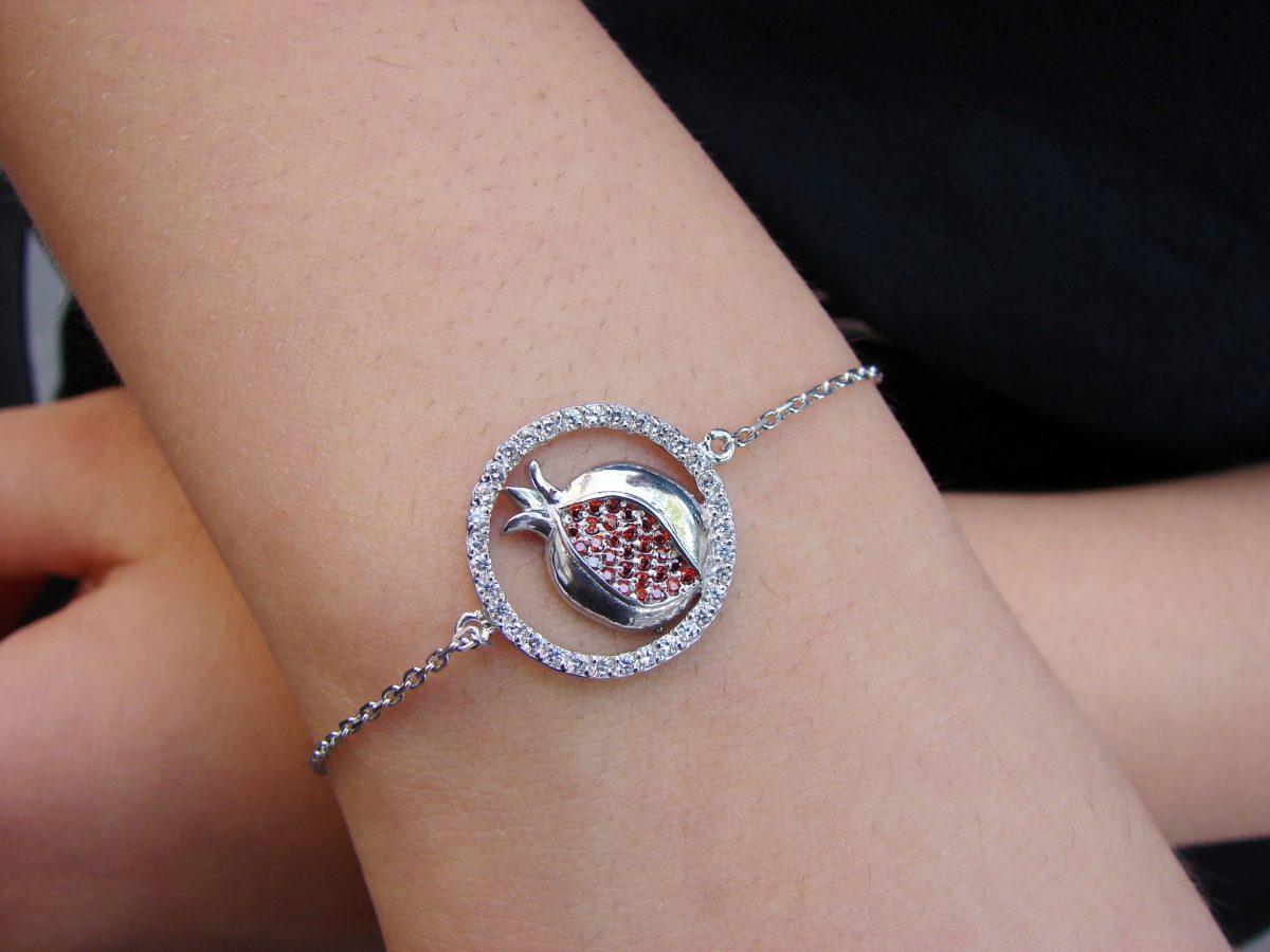 Pomegranate Charm Bracelet 925 Sterling Silver with White and Red Zircon