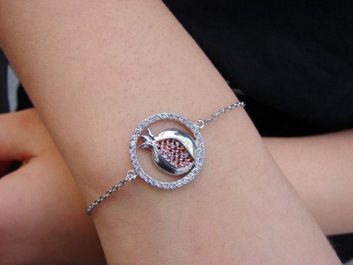Pomegranate Charm Bracelet 925 Sterling Silver with White and Red Zircon