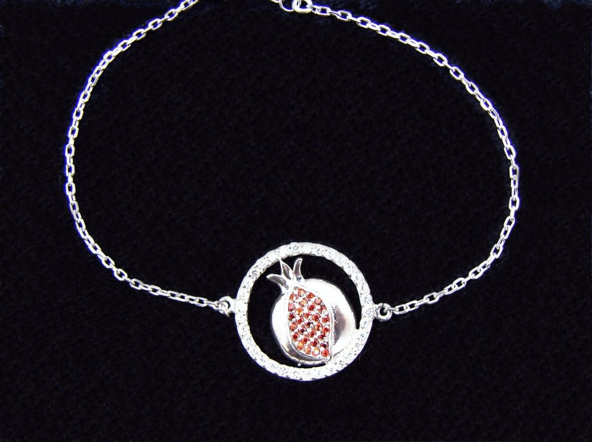 Pomegranate Charm Bracelet 925 Sterling Silver with White and Red Zircon