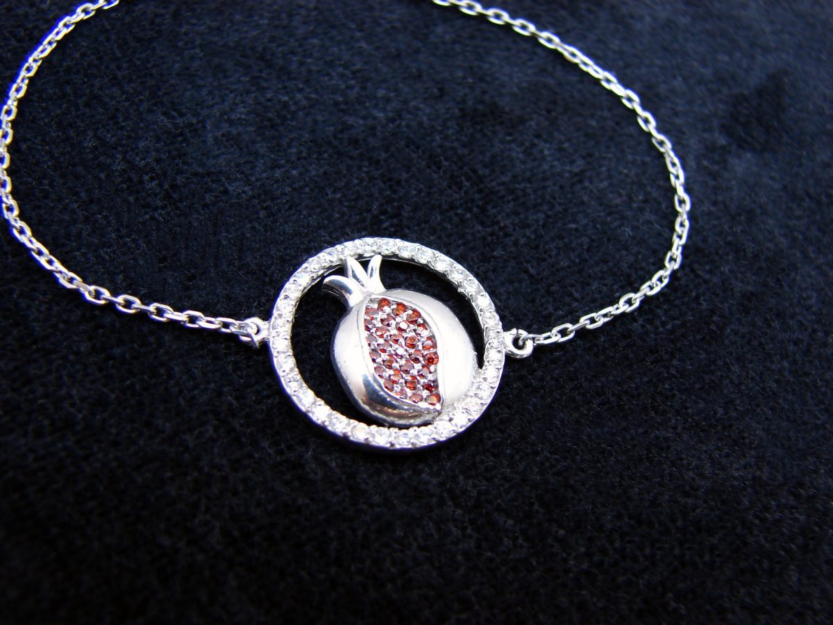 Pomegranate Charm Bracelet 925 Sterling Silver with White and Red Zircon