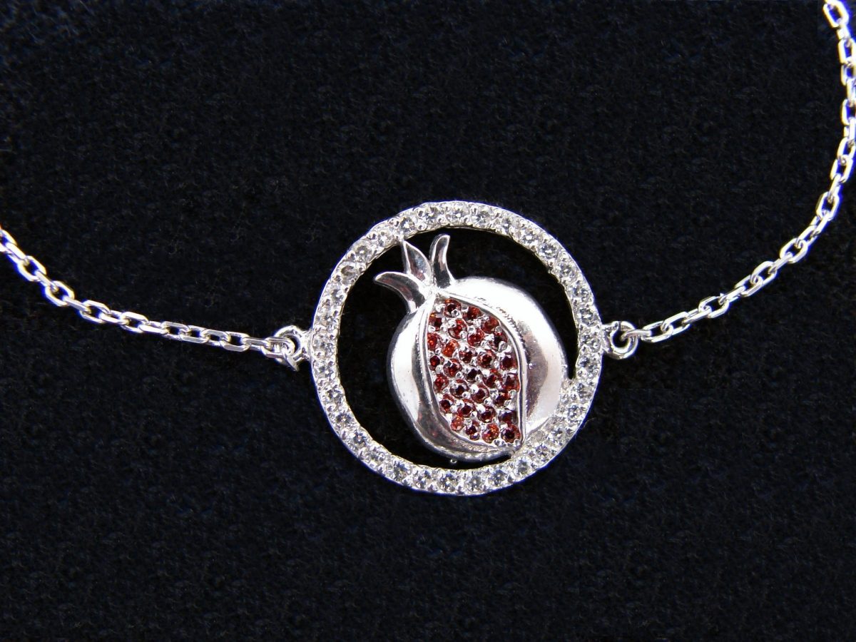Pomegranate Charm Bracelet 925 Sterling Silver with White and Red Zircon