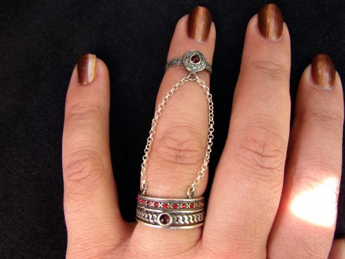Double Rings Sterling Silver 925, chain linked, Adjustable multi-finger rings