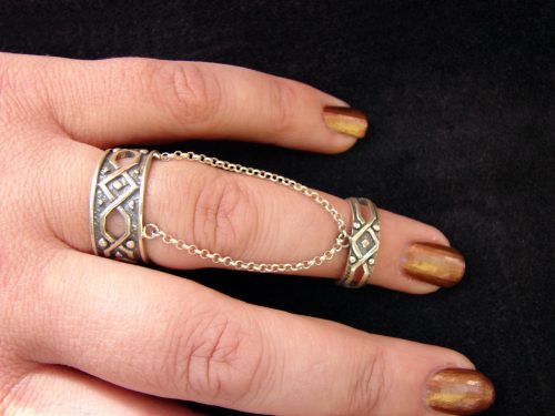 Silver Double Rings Antique Style, Chains linked, Adjustable multi-finger rings