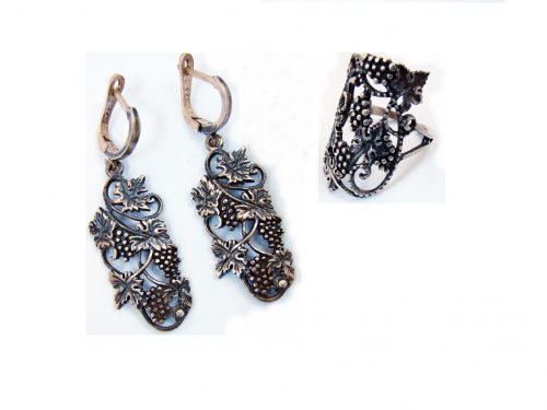 Set of Earrings and Ring Grape Bunch Sterling Silver 925