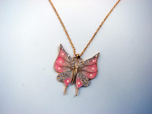 Butterfly Silver Pendant Necklace, Gold Plated, Color Enamel and Zircons