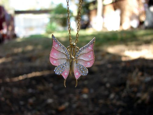 Butterfly Silver Pendant Necklace, Gold Plated, Color Enamel and Zircons