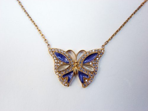 Silver Butterfly Pendant Necklace, Gold Plated, Blue Color Enamel and Zircons