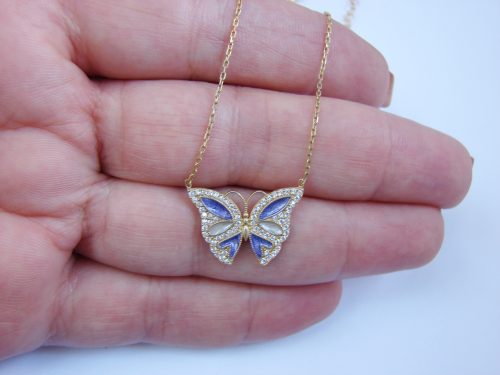 Silver Butterfly Pendant Necklace, Gold Plated, Blue Color Enamel and Zircons