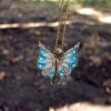 Silver Butterfly Necklace, Gold Plated Pendant, Sea Blue Color Enamel and Zircons