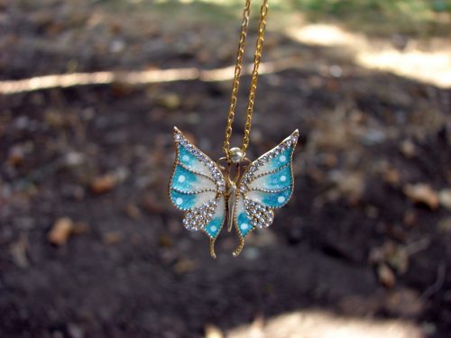 Silver Butterfly Necklace, Gold Plated Pendant, Sea Blue Color Enamel and Zircons