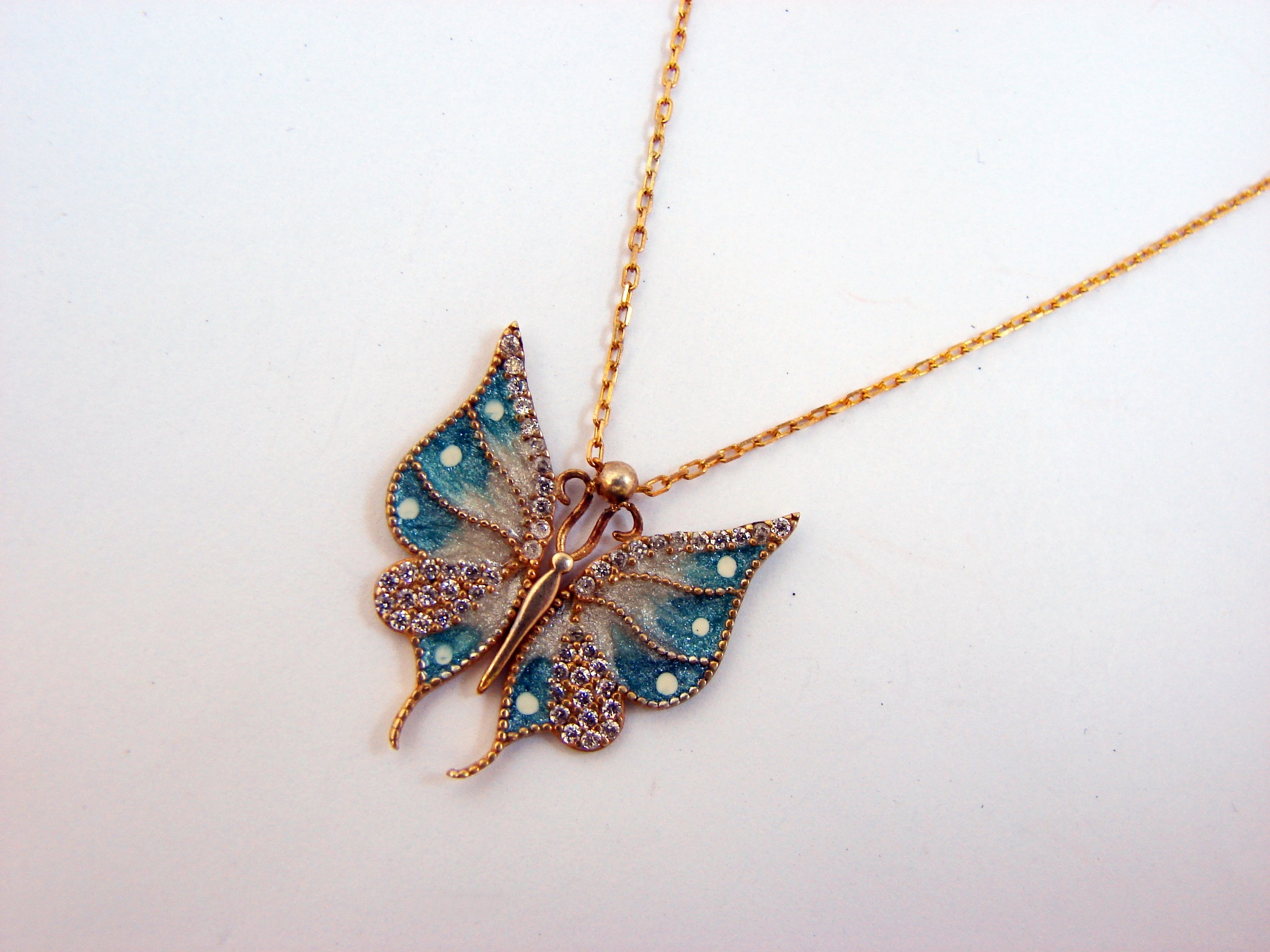 Silver Butterfly Necklace, Gold Plated Pendant, Sea Blue Color Enamel and Zircons