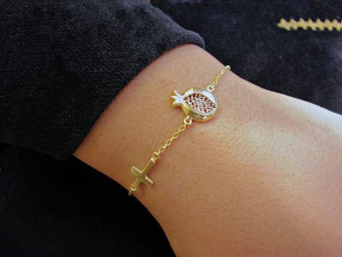 Pomegranate and Cross Silver Bracelet Gold Plated with Red Zircons