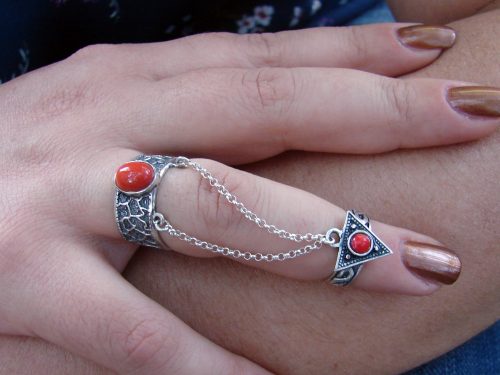 Silver Double Ring Coral Stones, chain linked, multi-finger rings