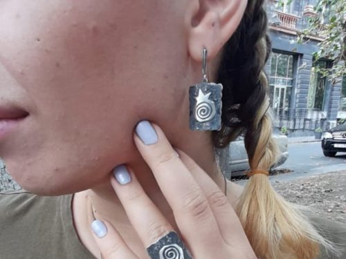 Set of Earrings and Ring Pomegranate Design Sterling Silver 925