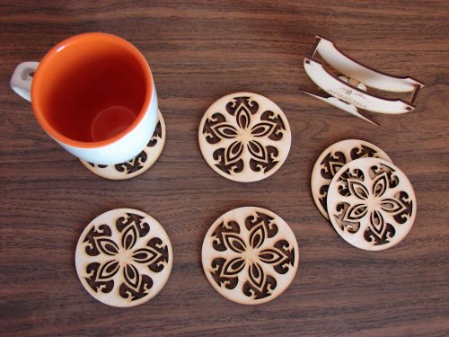 Wood Drink Round Coasters Set of 6 Laser Cut Coasters with Stand