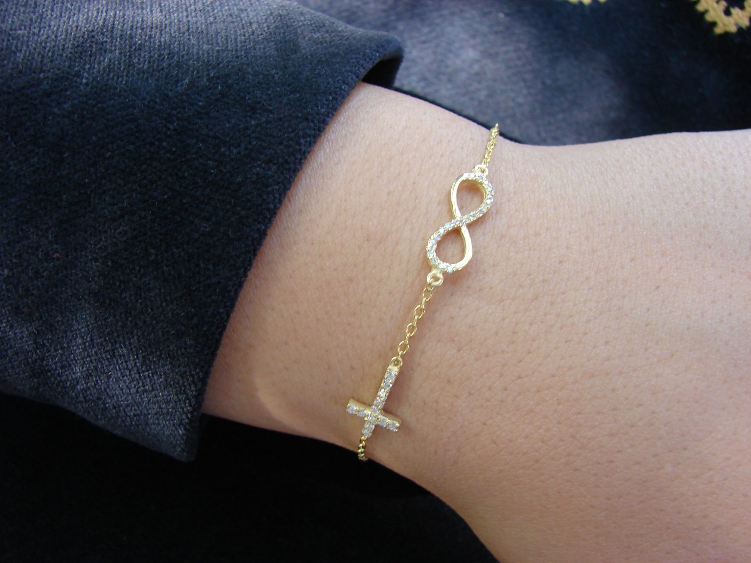 Bracelet Infinity Gold Plated Sterling Silver 925, Delicate Chain and Cross