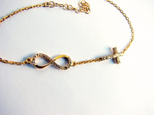 Bracelet Infinity Gold Plated Sterling Silver 925, Delicate Chain and Cross