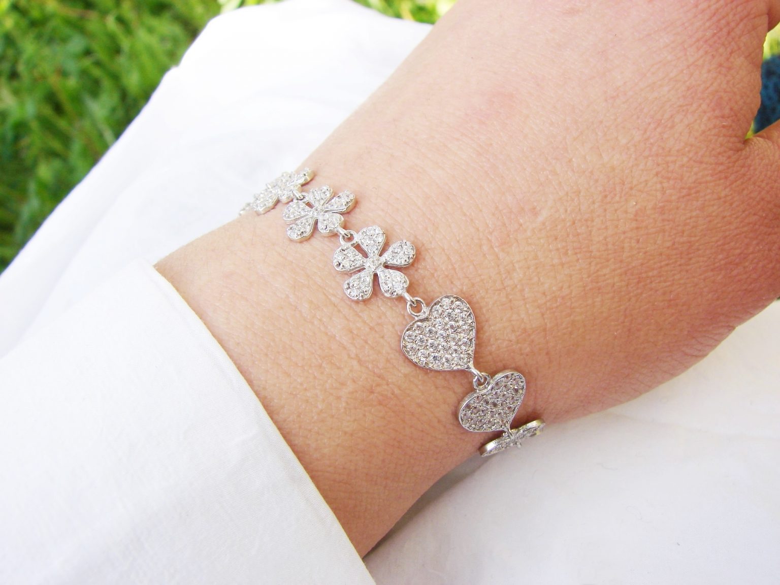 Bracelet Hearts & Flowers Sterling Silver 925 with Sparkling Zircons