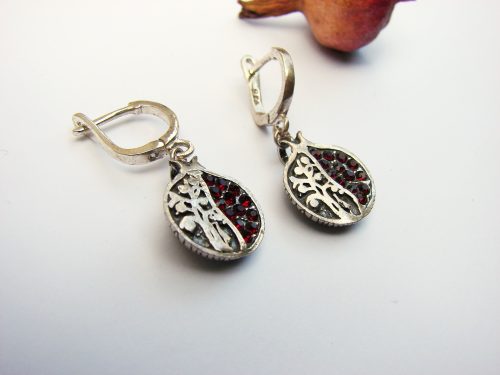 Earrings Pomegranate and Tree of Life Sterling Silver 925 with Red Zircons