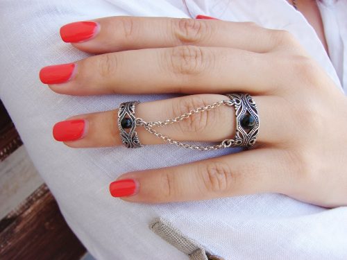 Ethnic Style Double Rings, Chains linked, Silver Adjustable multi-finger rings