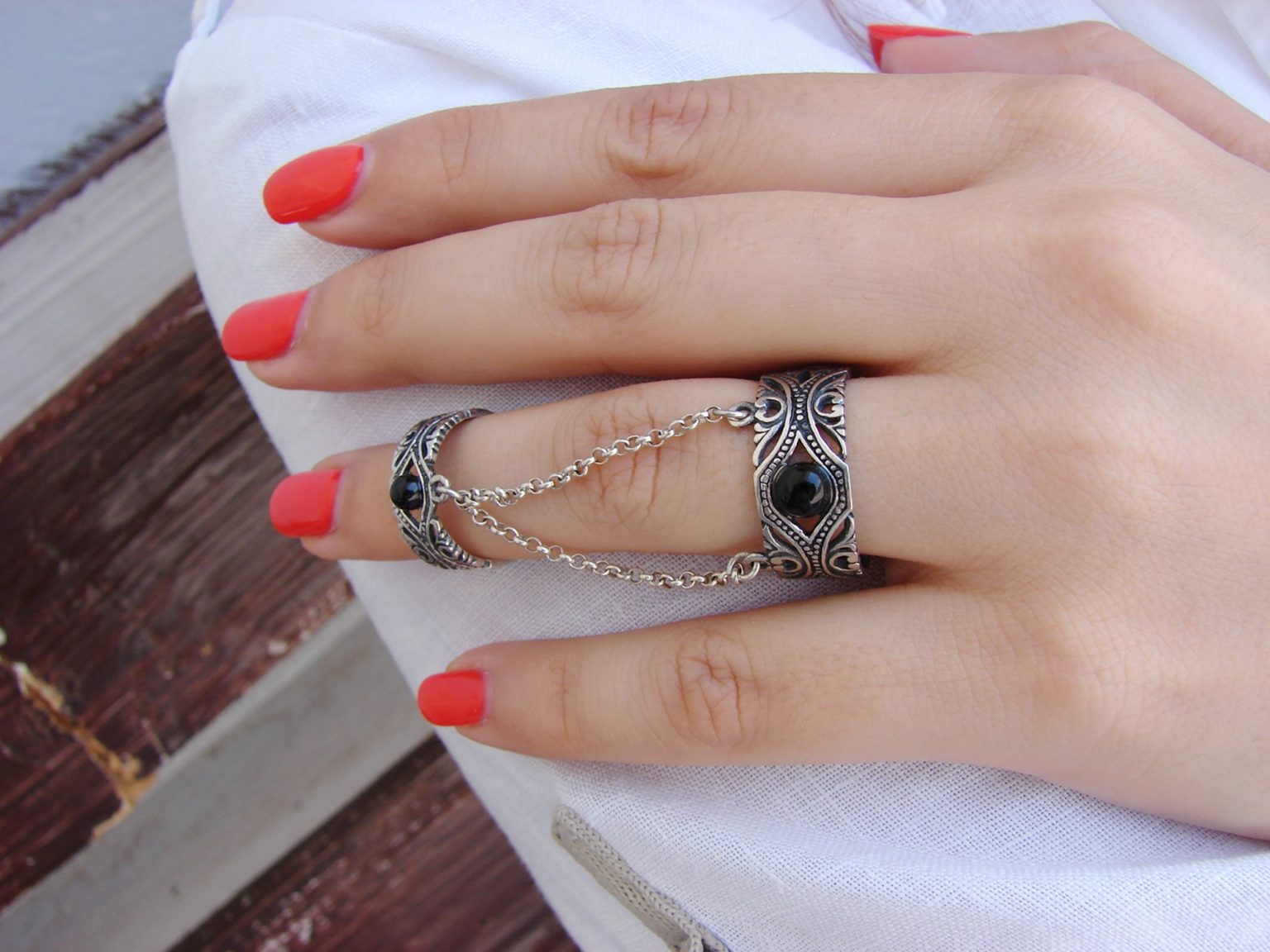 Ethnic Style Double Rings, Chains linked, Silver Adjustable multi-finger rings