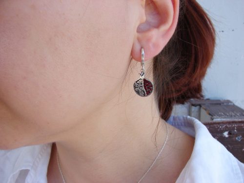 Earrings Pomegranate and Tree of Life Sterling Silver 925 with Red Zircons