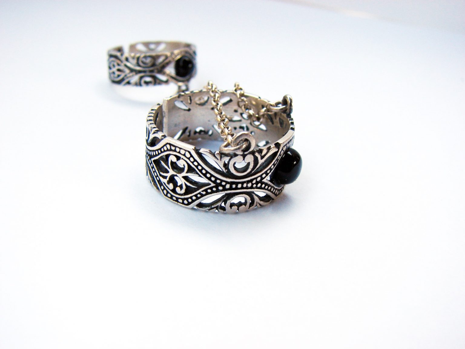 Ethnic Style Double Rings, Chains linked, Silver Adjustable multi-finger rings