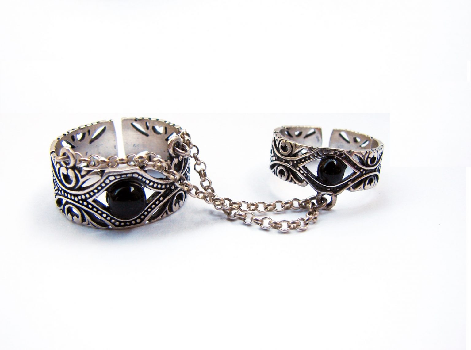 Ethnic Style Double Rings, Chains linked, Silver Adjustable multi-finger rings