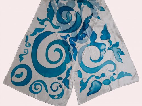 Blue Ornament Silk Scarf, Hand painted Long abstract scarf