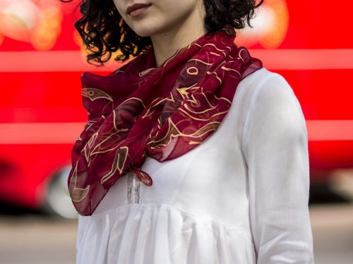 Red Silk Scarf, Hand Painted Scarf, Long abstract scarf, Elegant Red & Golden Flower Scarf