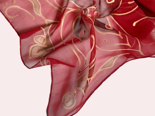 Red Silk Scarf, Hand Painted Scarf, Long abstract scarf, Elegant Red & Golden Flower Scarf