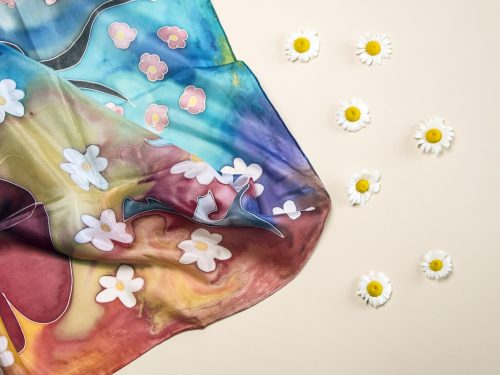 Silk Scarf Magic Garden, Hand Painted Scarf, Long Colorful scarf, Gift For Her, Fashion Scarf