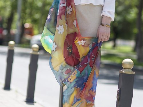Silk Scarf Magic Garden, Hand Painted Scarf, Long Colorful scarf, Gift For Her, Fashion Scarf